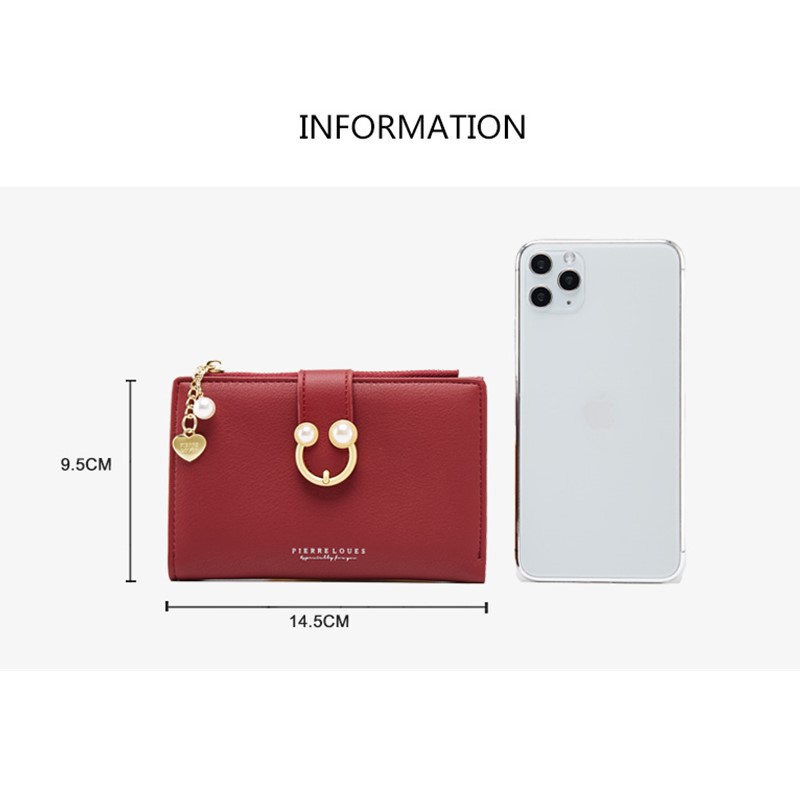 Ví cầm tay PIERRE LOUES dáng ngắn màu trơn phối khóa kéo thời trang thanh lịch cho nữ