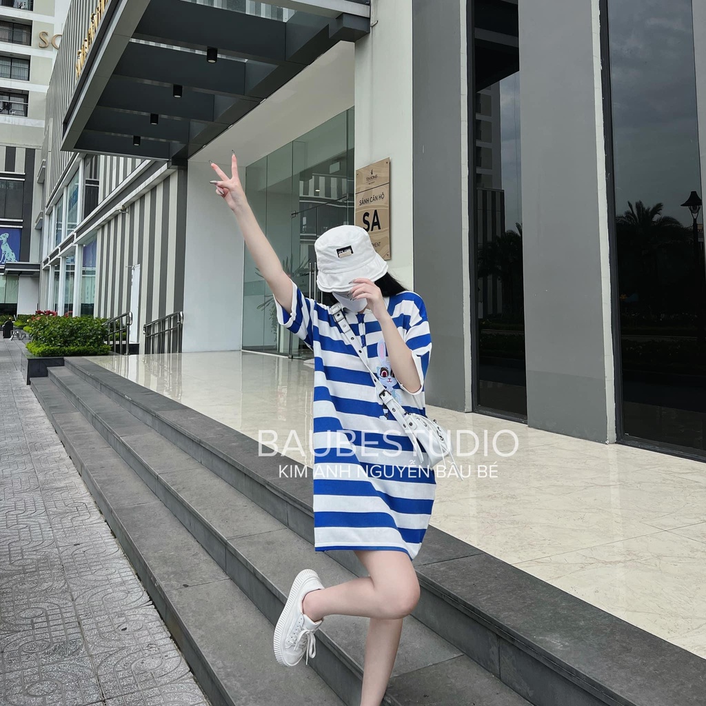 Váy polo kẻ xanh thêu thỏ chất cotton mát mẻ - Hàng có sẵn - Xưởng may Lộc Vân