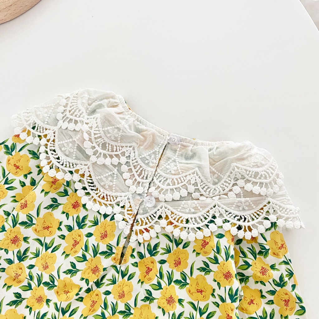 Bộ áo liền quần SANLUTOZ tay dài chất cotton phối ren hoa kèm băng đô cài tóc thời trang mùa