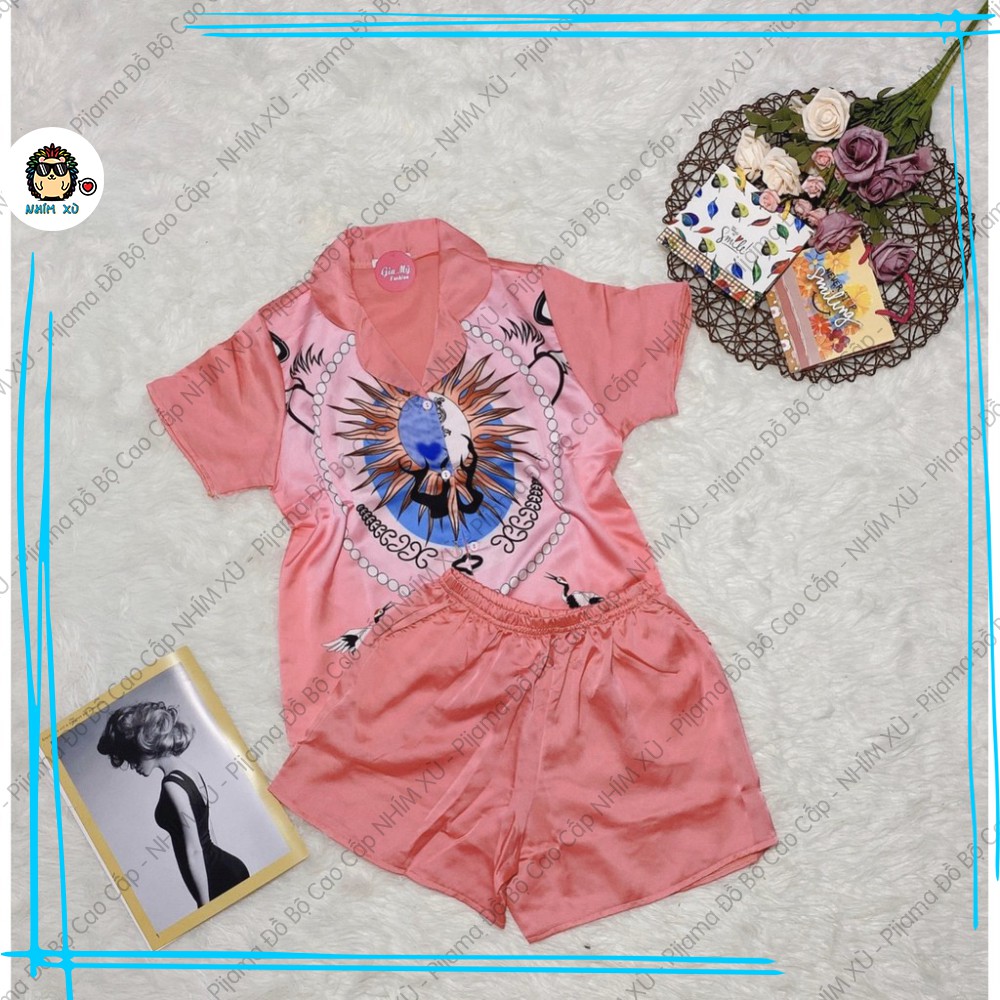 Đồ Bộ Ngủ Pijama Mặc Nhà Quần Đùi Áo Ngắn Tay Vải Satin Cao Cấp phối họa tiết mặt trời phong cách nghệ thuật lập thể | BigBuy360 - bigbuy360.vn