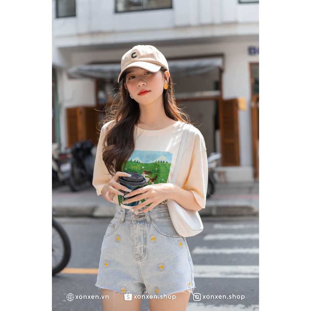 Quần short jean Quần đùi jean thêu hoa trẻ trung XONXEN SHOP mã 1085