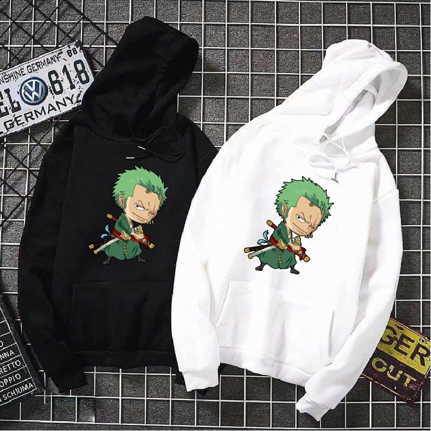 Áo nỉ hoodie thu đông one piece zoro form suông rộng có mũ unisex cho nam nữ, màu trắng, đen, xanh