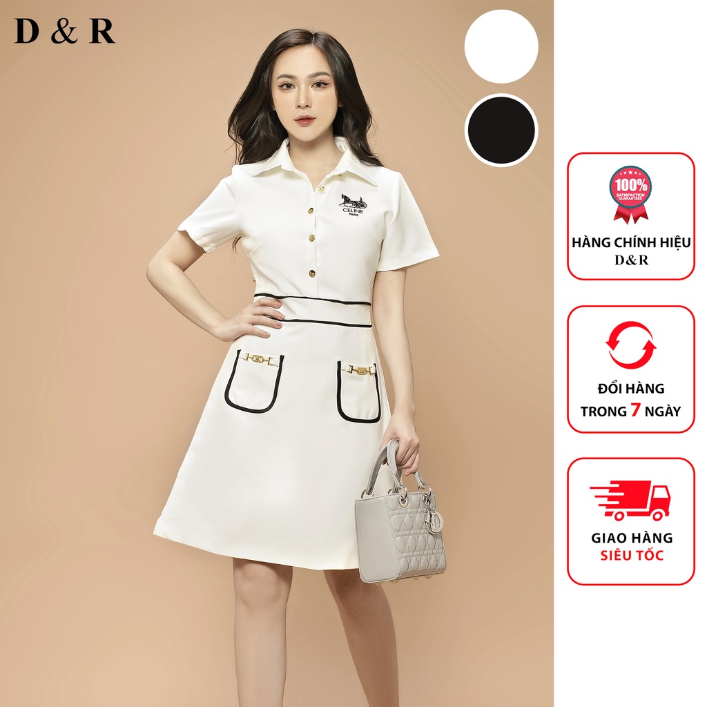 Đầm thiết kế công sở nữ thêu logo Quảng Châu cao cấp váy dự tiệc kèm phụ kiện sang trọng thương hiệu thời trang D&R D124
