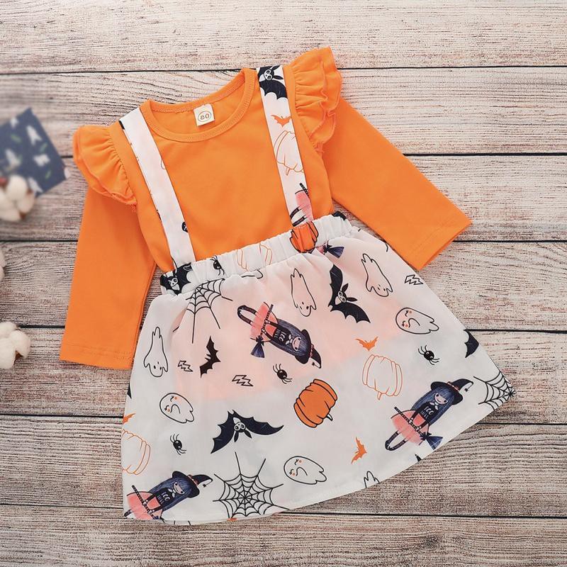 1-5Y Girl Solid Color Long Sleeved T-Shirt Halloween Print Strap Dress 2Pcs