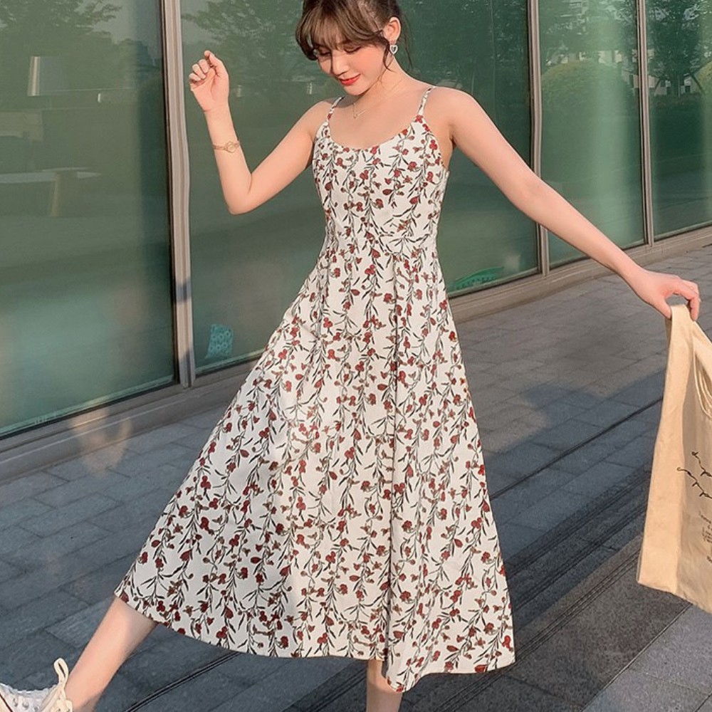 Váy nữ, Váy voan hoa nhí vintage hai dây phong cách Ulzzang Hàn Quốc ATILA.SHOP