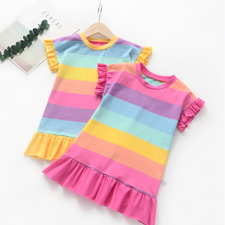 TE052 (bé 90-140cm) (1 tuổi-10 tuổi) Váy kẻ ngang sắc màu HỒNG/VÀNG