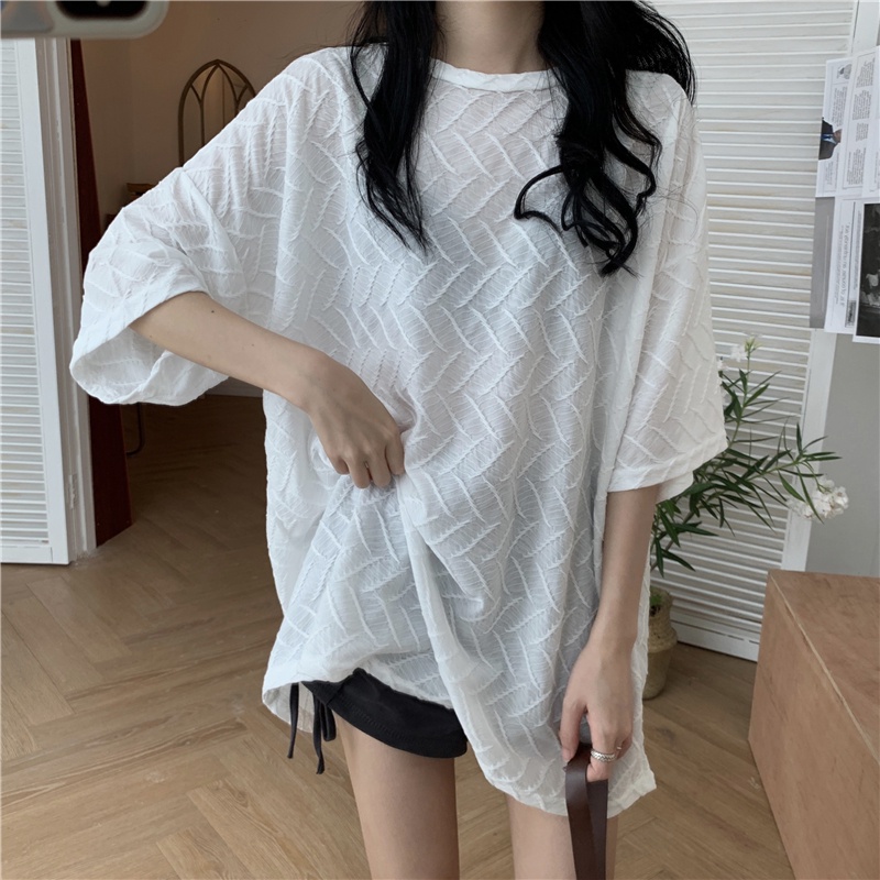 Áo Thun Mỏng Cổ Tròn Ngắn Tay Dáng Rộng Trong Suốt