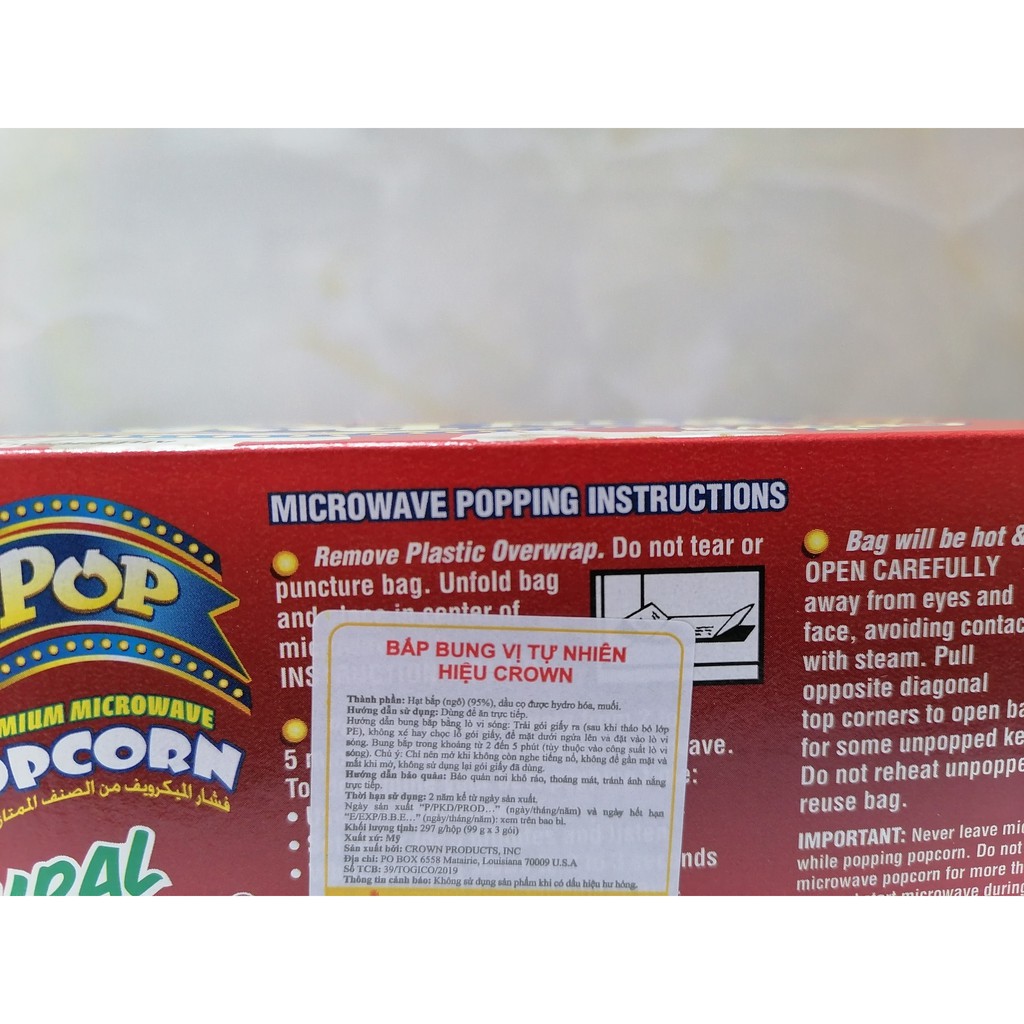 [Hộp 297g - Sweet] Bắp nổ (Bỏng ngô) vị Ngọt [USA] CROWN Premium Microwave Popcorn (tgc-hk) | BigBuy360 - bigbuy360.vn