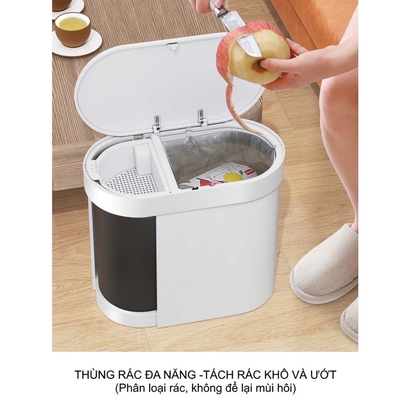 Thùng rác đa năng để phòng khách có 2 ngăn chia rác khô và nước, khay lọc bã trà tiện lợi