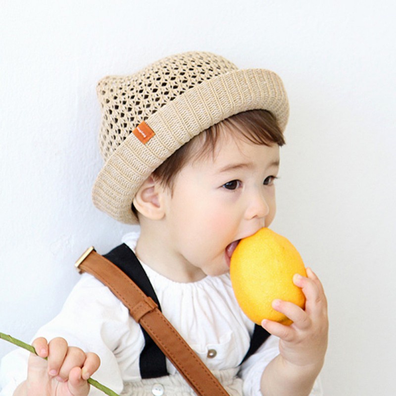 Kids Baby Summer Cotton Yarn Hats Boy Girls Cute Bear Ears Beach Straw Hat Hollow Breathable Basin Cap Toddler Travel Caps