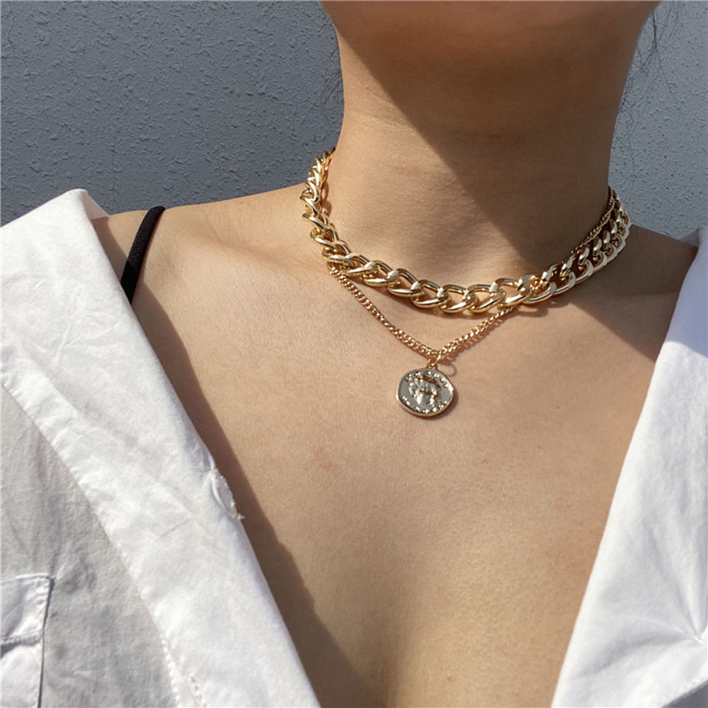 Vòng cổ choker hai lớp mặt hình đồng xu họa tiết khắc chân dung độc đáo