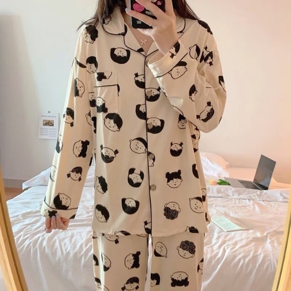 Đồ bộ nữ Pijama lụa tay dài quần dài họa tiết xinh xắn mặc ở nhà mùa đông cao cấp chất dày phong cách hàn quốc-BND05