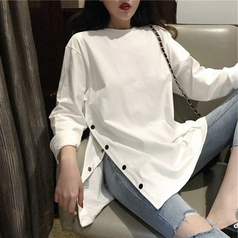 D181 Áo thun dài tay nữ xẻ tà 1 bên