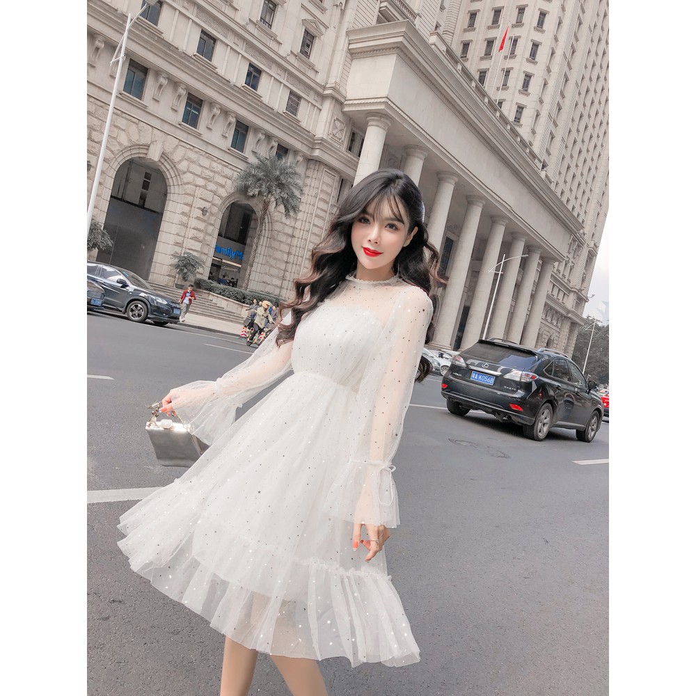 Đầm ulzzang tay bồng đính sao nhũ VD018 (có ảnh thật)