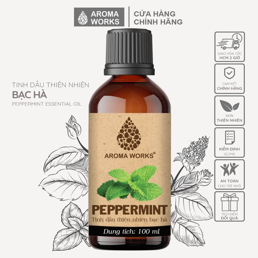 Tinh dầu Bạc Hà Aroma Works Peppermint xông phòng, khử mùi, thanh lọc không khí, thoải mái, tỉnh táo