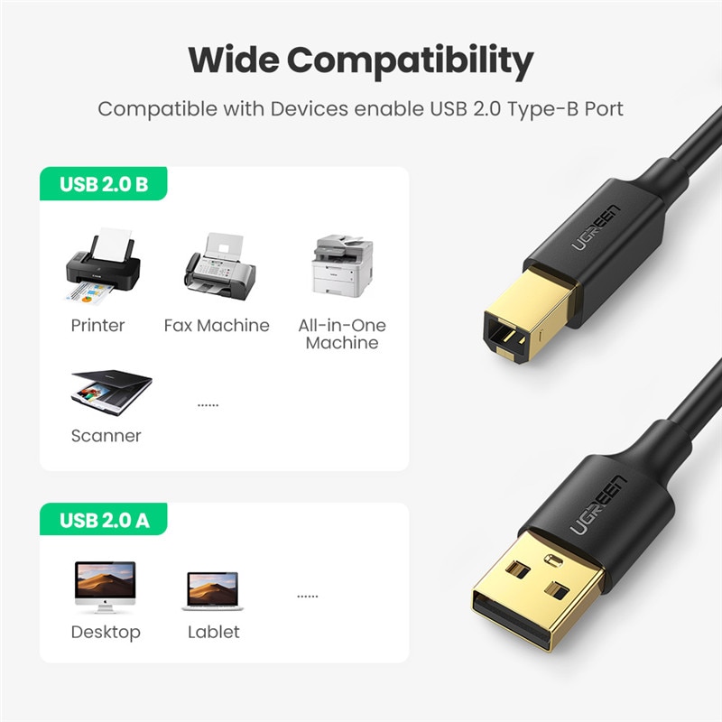 Ugreen Dây Cáp USB 2.0 Loại A Male Sang Type B Male Tốc Độ Cao Cho Máy In Canon Lexmark Epson DAC