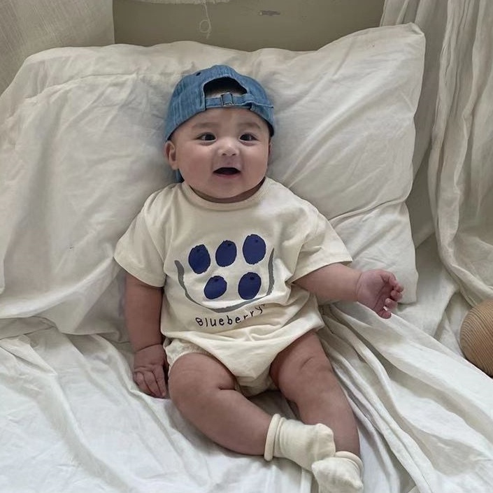 Bộ Áo Liền Quần Tay Ngắn Chất Liệu Cotton In Họa Tiết Quả Mọng Xanh Dương Cho Bé 0-2 Tuổi