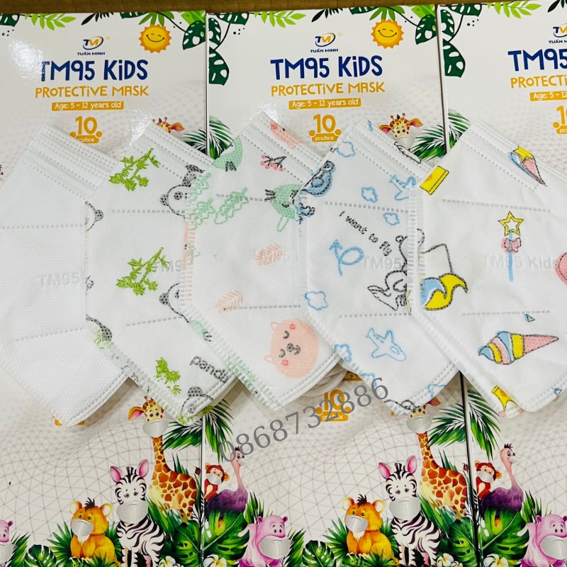 Khẩu Trang N95 Không Van Trẻ Em Tuấn Minh 5 Lớp -Hộp 10 chiếc cho bé từ 5 đến 12 tuổi - N95 Kháng Khuẩn chống bụi mịn