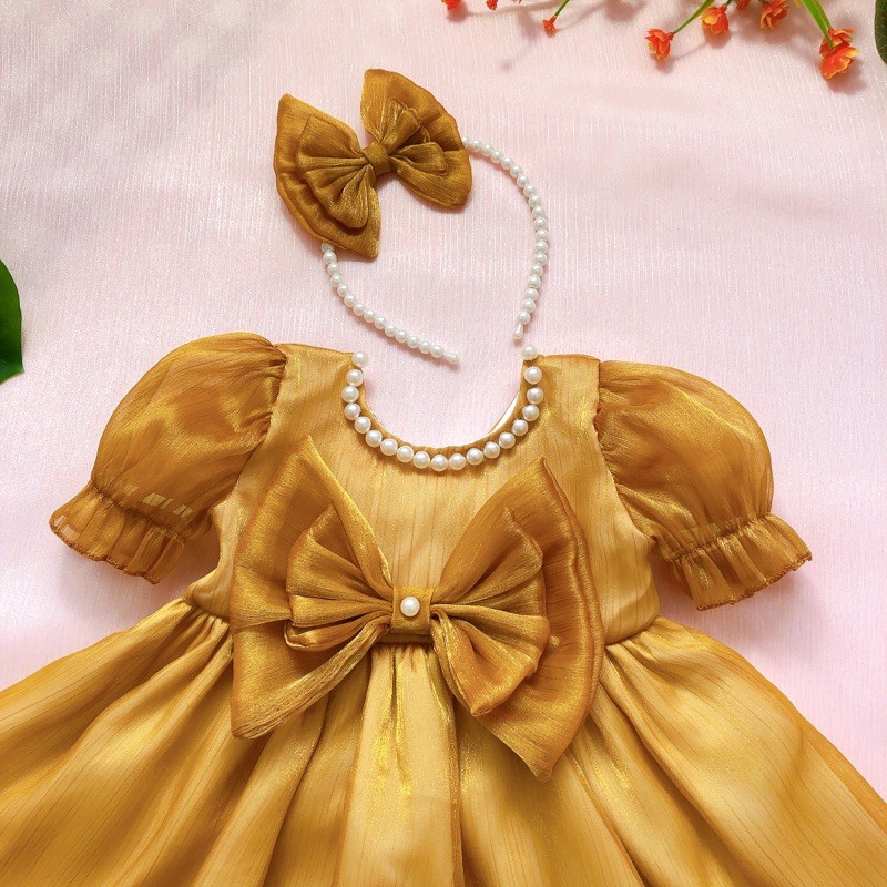Váy Tơ Vàng Lấp Lánh Cho Bé Gái 4 Đến 28kg, Đầm Bé Gái Tặng Kèm Cài [A105]