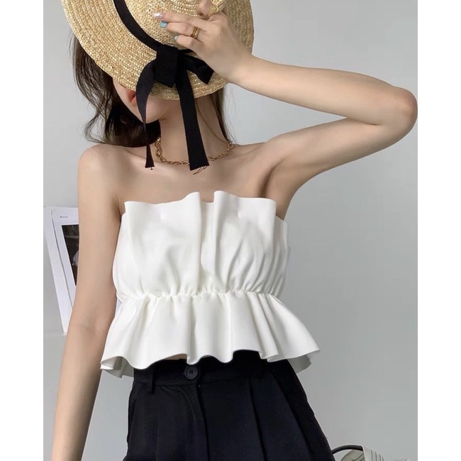 Áo croptop peplum ống trắng