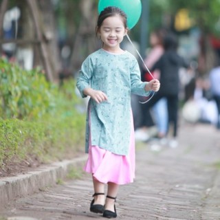 [CÓ CLIP] [LOẠI 1] Áo dài cách tân họa tiết hoa xanh cho bé gái chất thô
