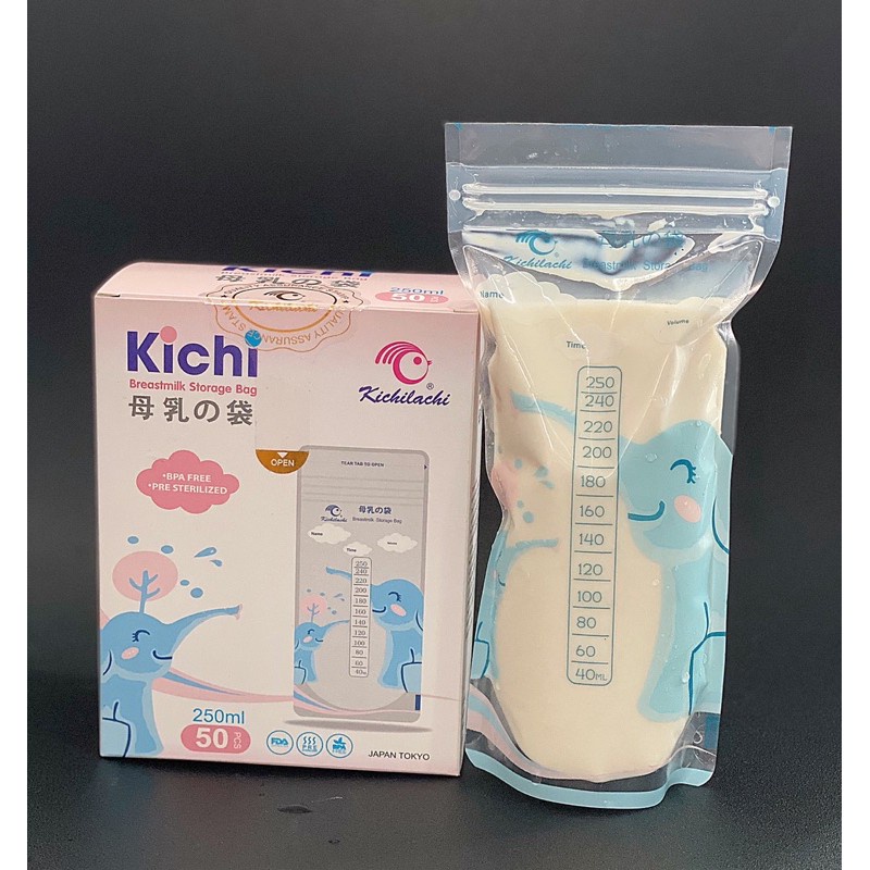 (Tặng kèm 01 bút dấu) Hộp 50 túi trữ sữa Kichi dung tích 250ml họa tiết Voi con đáng yêu