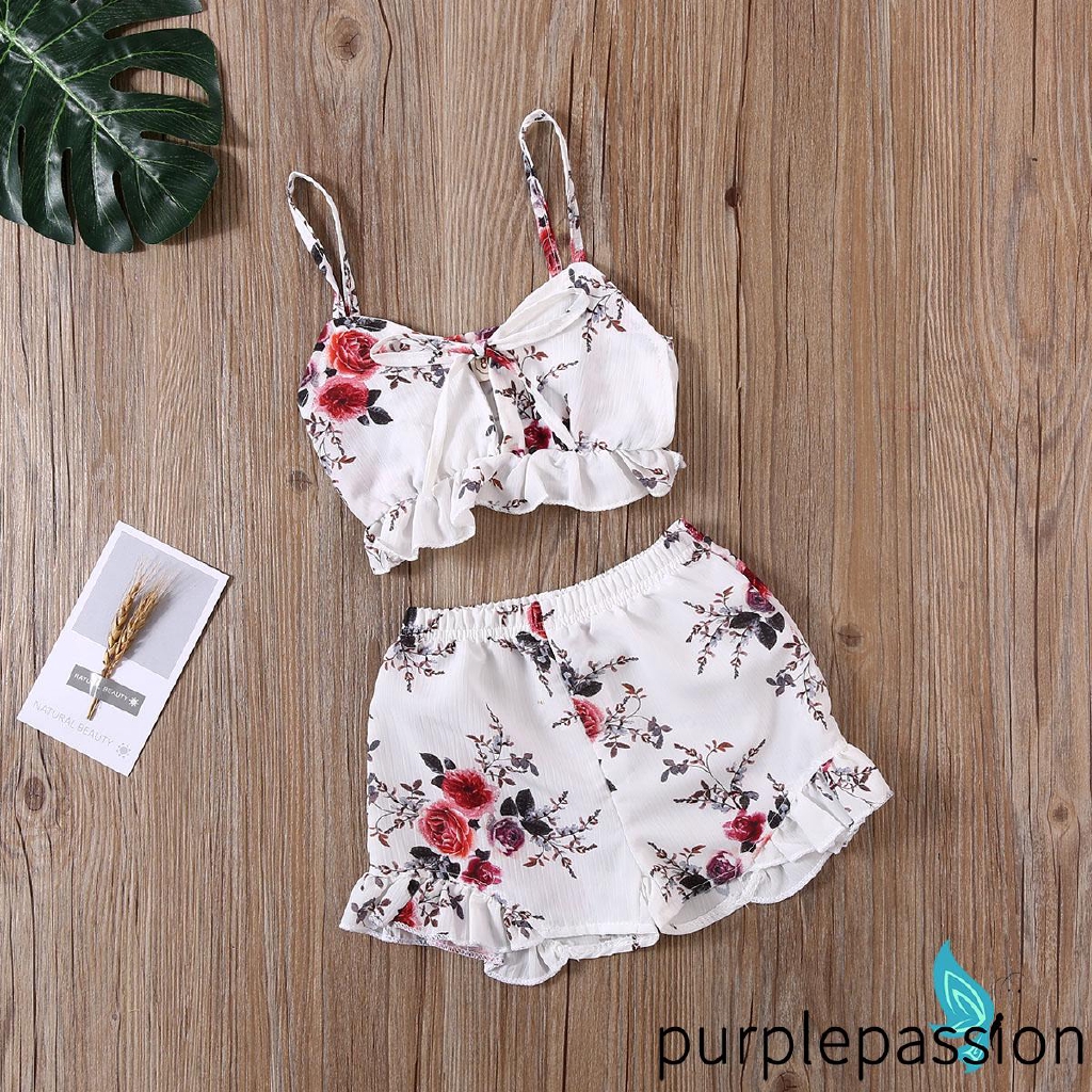 Set Áo Dây In Hoa & Quần Short Cho Bé Gái