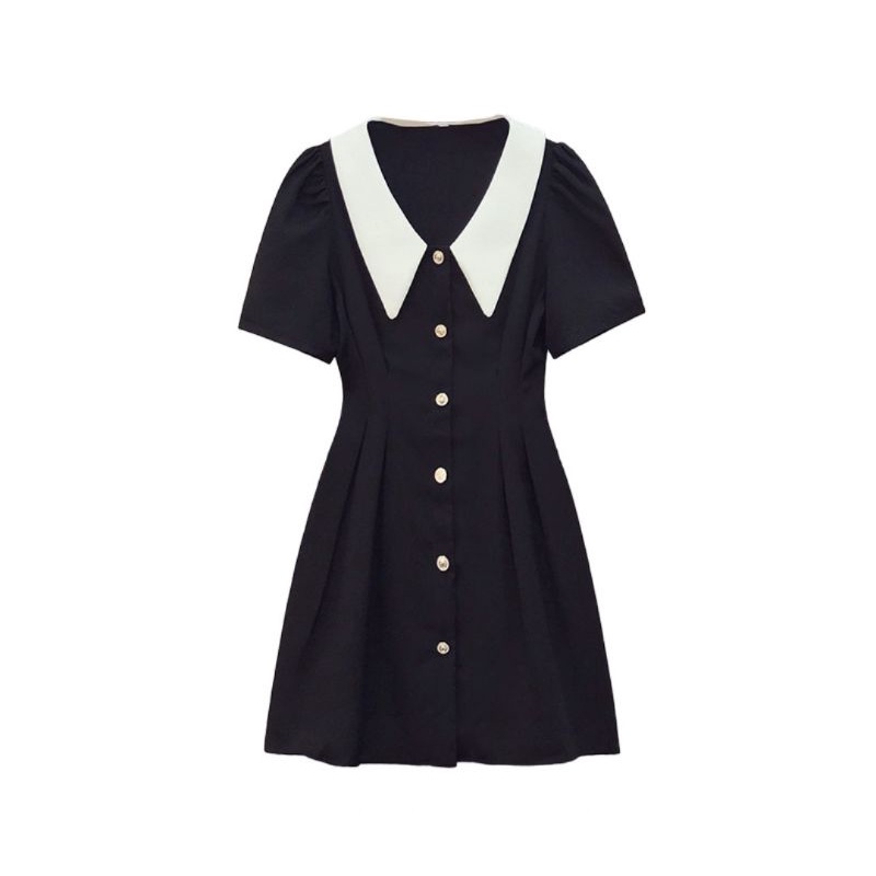 Đầm đen xòe dự tiệc phối cổ sen khuy trắng phong cách ulzzang  đi chơi đi làm by hanadress