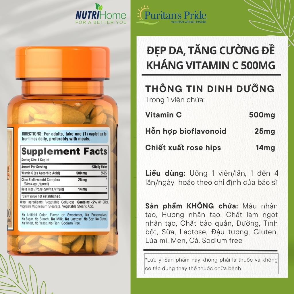 Viên uống đẹp da, tăng cường miễn dịch Vitamin C 500mg Puritan’s Pride ngừa viêm, giảm thâm mụn