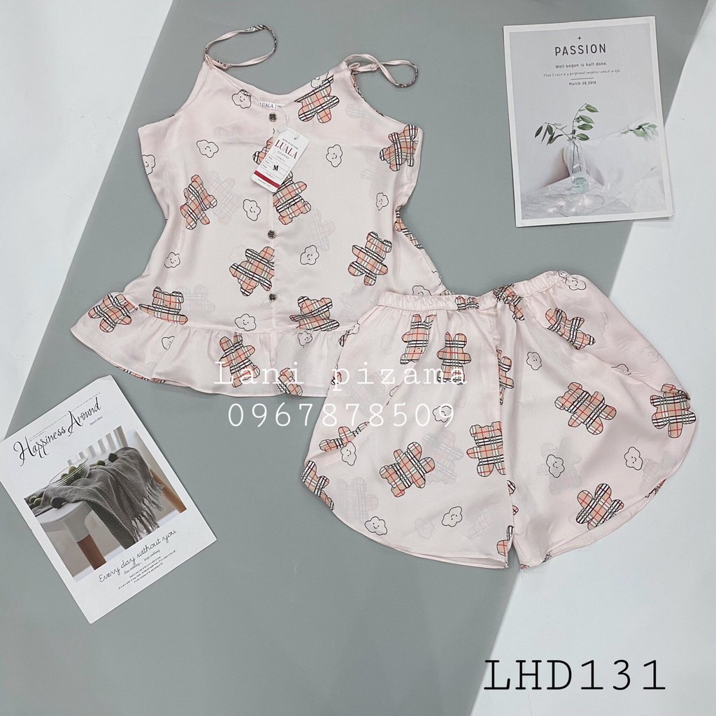 Bộ pizama lụa 2 dây mặc nhà siêu dễ thương, bộ ngủ họa tiết 2 dây lụa satin