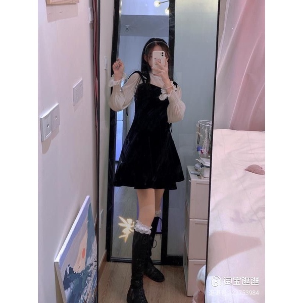 SET ĐẦM DÁNG XÒE HAI DÂY NHUNG PHỐI ÁO LƯỚI HÀNG QUẢNG CHÂU