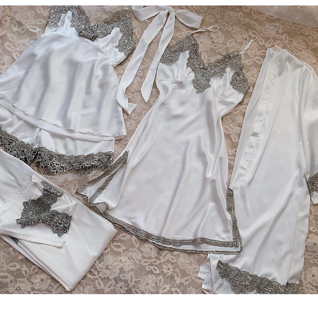 Q11.HCM [LL 562] Set váy ngủ satin lụa [ 5 sản phẩm] váy - khoác - quần ngắn và dài - đồ ngủ lụa satin