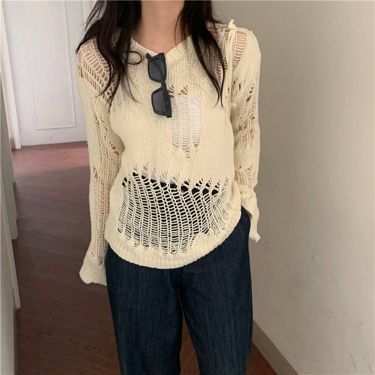 (HÀNG SẴN ) Áo len lưới đan móc rách hở mặc ngoài style cá tính retro Hàn Quốc