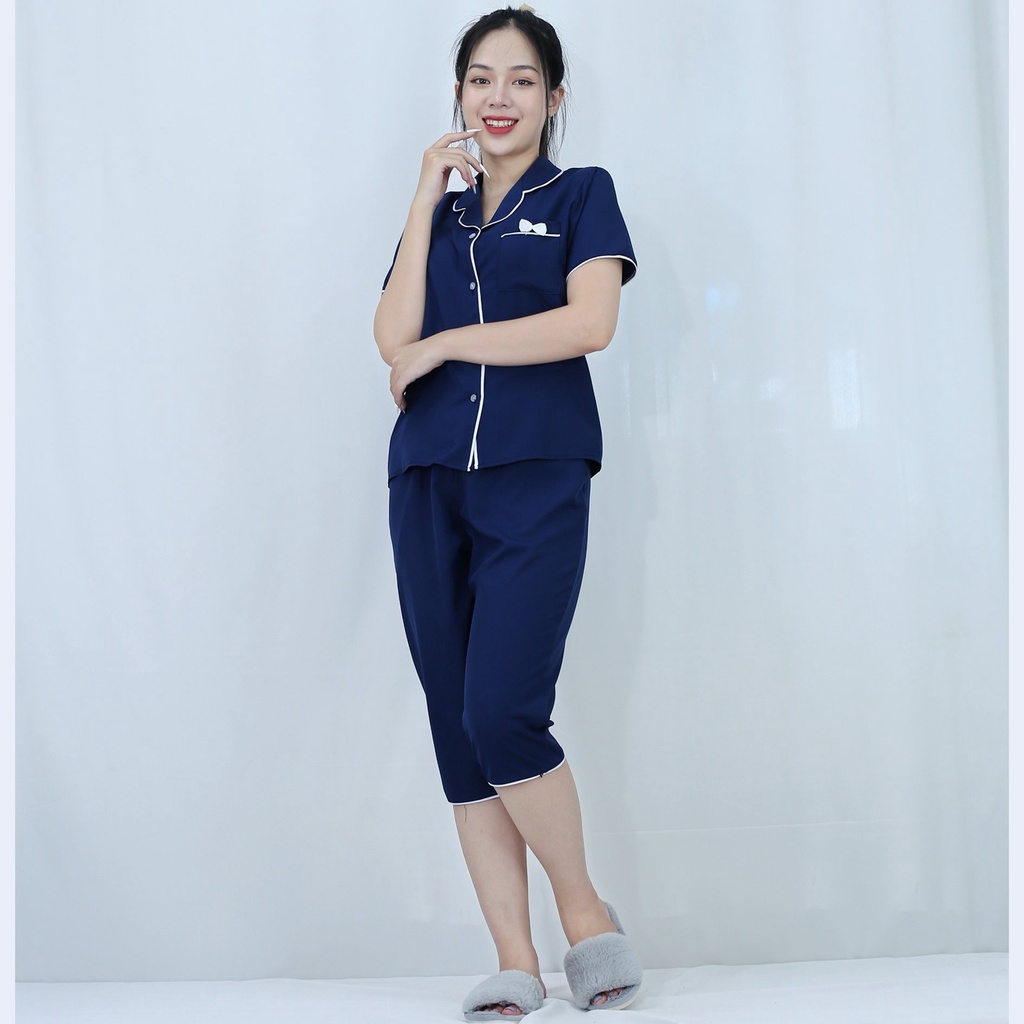 Bộ quần áo Pijama nữ XANH ĐEN Ngắn Tay Quần Lửng vải  lụa cao cấp - Thoáng Mát Thoải Mái - Mặc là thích ngay !