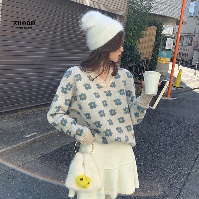 SUXI Áo sweater cổ chữ v tay dài dáng rộng thời trang cho nữ