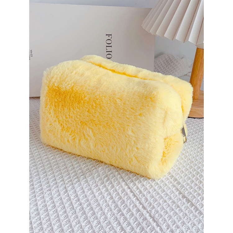 Túi Đựng Mỹ Phẩm/ Đồ Trang Điểm Phủ Lông Màu Trơn Có Khóa Kéo Phong Cách Hàn Quốc Nhỏ Gọn Tiện Dụng