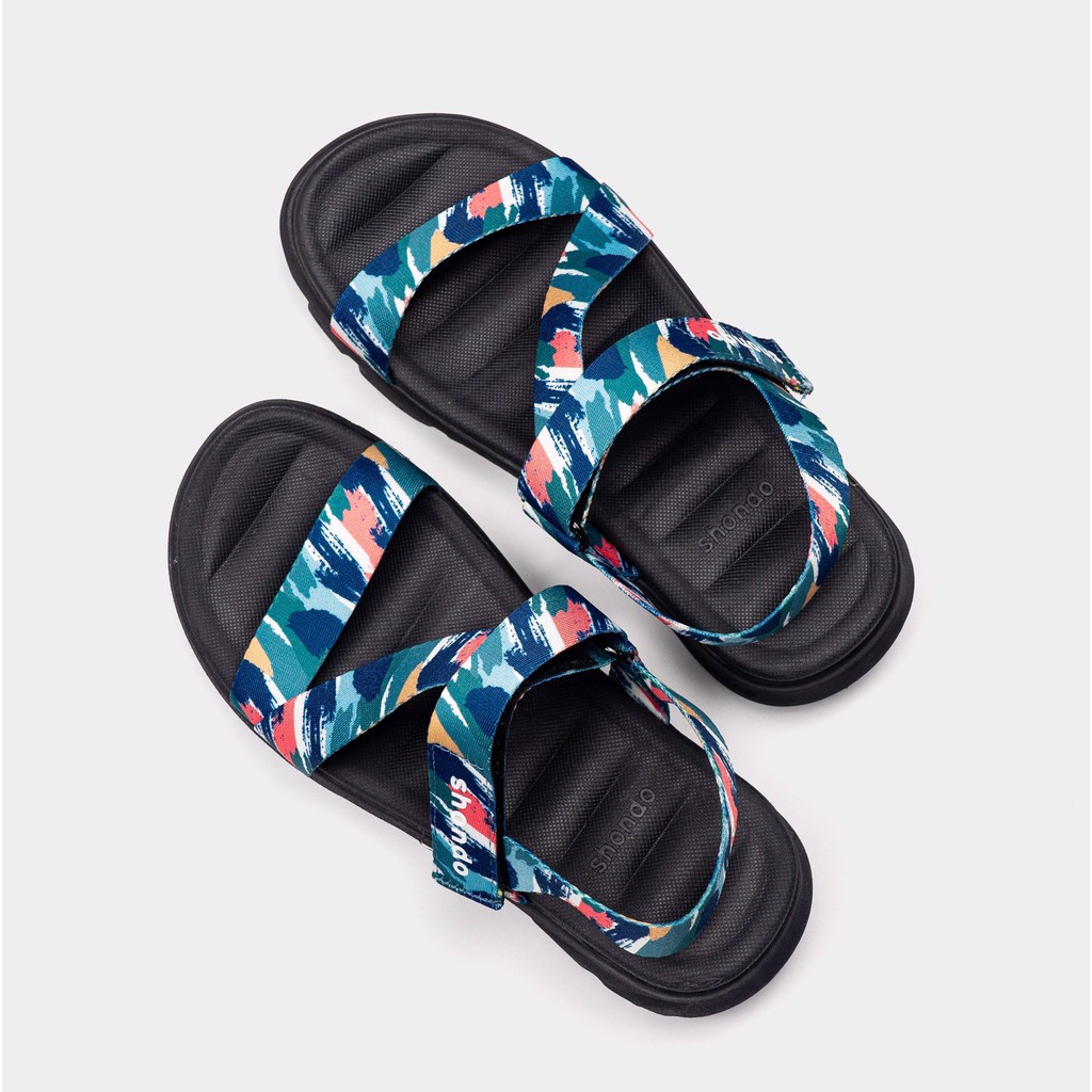 Giày Shondo sandal nam nữ F6 sport - đế bằng đế đen quai vệt xanh dương F6S1030