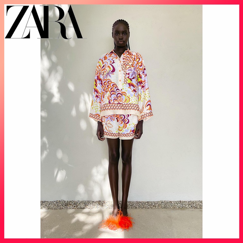 Zara Bộ Áo Sơ Mi In Họa Tiết Phối Quần Short In Họa Tiết Cá Tính