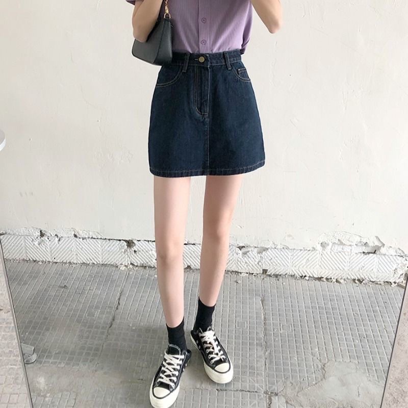 8135 | Chân Váy Bò Xanh Đậm Chữ A Dáng Cơ Bản Cổ Điển Retro - 𝐃𝐞𝐧𝐢𝐦 𝐒𝐤𝐢𝐫𝐭