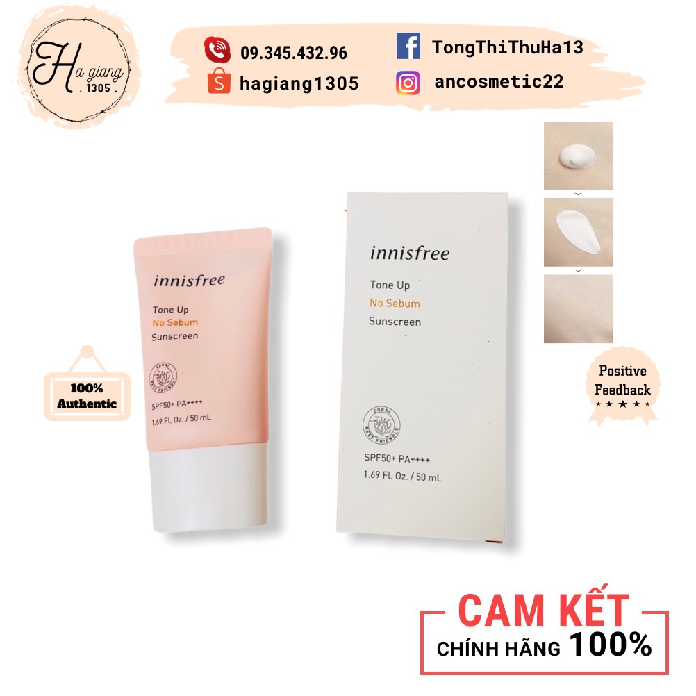 Kem Chống Nắng Kiềm Dầu Innisfree Tone Up No Sebum Sunscreen SPF50/PA++++ 50ml Nâng Tone Hồng