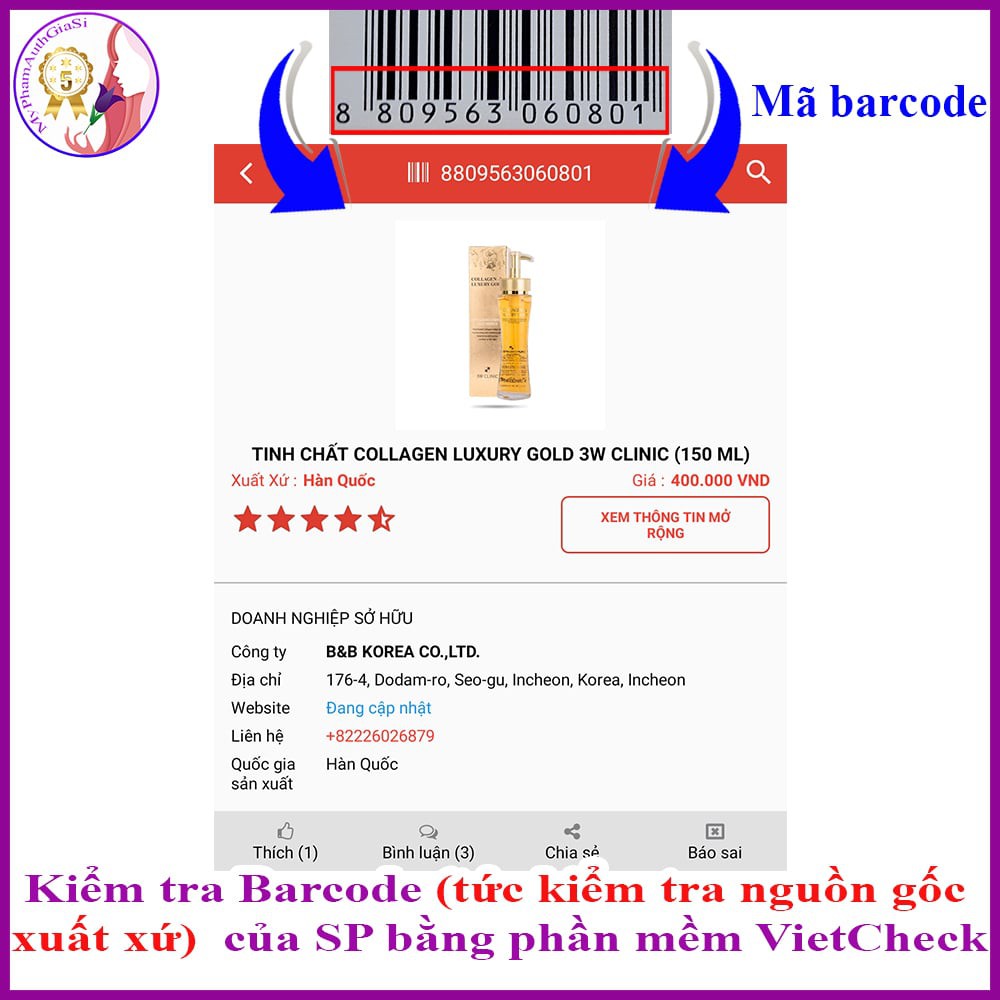 Tinh chất 3W Clinic dưỡng trắng da chống lão hóa collagen luxury gold 150ml Hàn Quốc