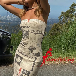 SF♫Women´s Bodycon Dress Strapless Sleeveless Newspaper Printed Skinny Midi Dresses
