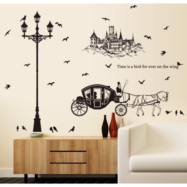 Decal dán tường cột đèn cỗ xe  cổ