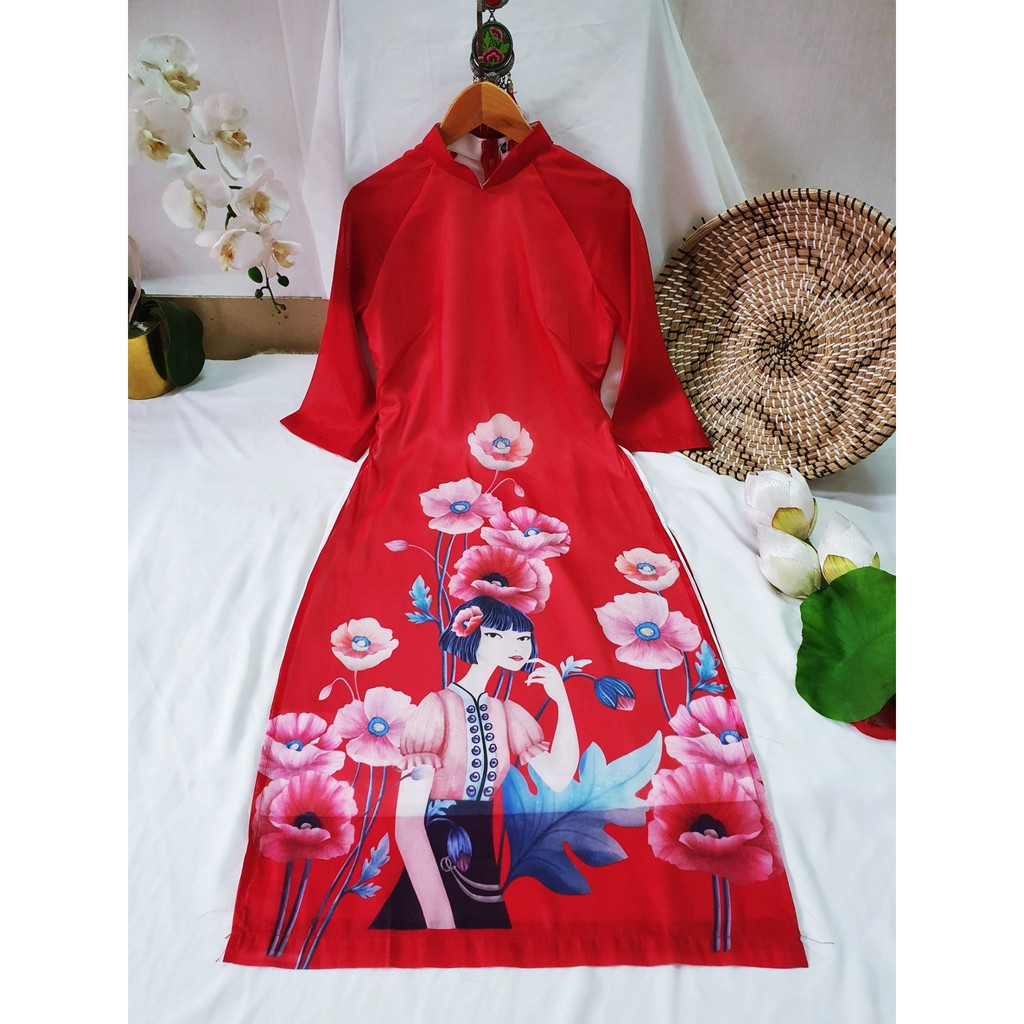 Áo dài lụa 🎀FREESHIP🎀Áo dài cách tân đỏ in hình cô gái | BigBuy360 - bigbuy360.vn