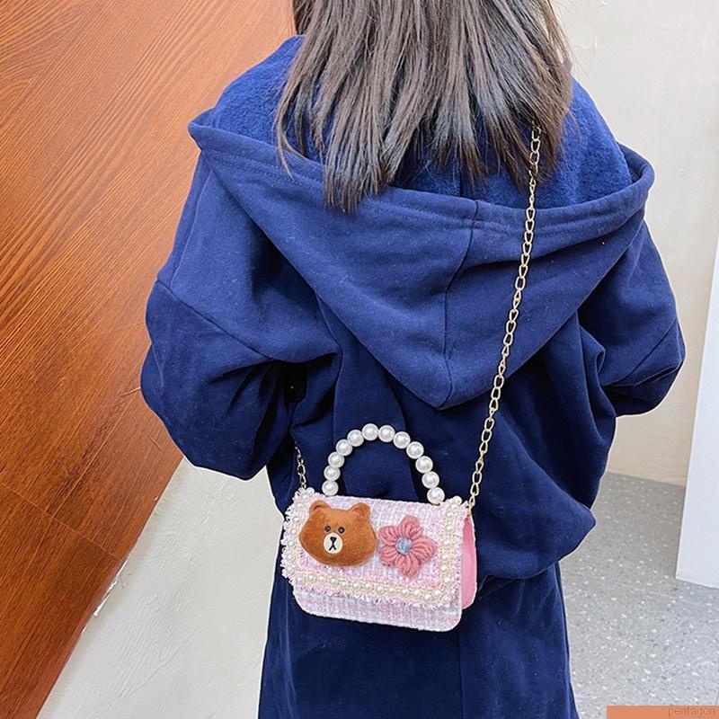 Túi đeo chéo mini đính hoa ngọc trai dễ thương cho bé gái