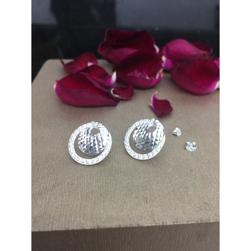 Khuyên tai hoa cánh nhỏ đính đá sát tai bạc chuẩn