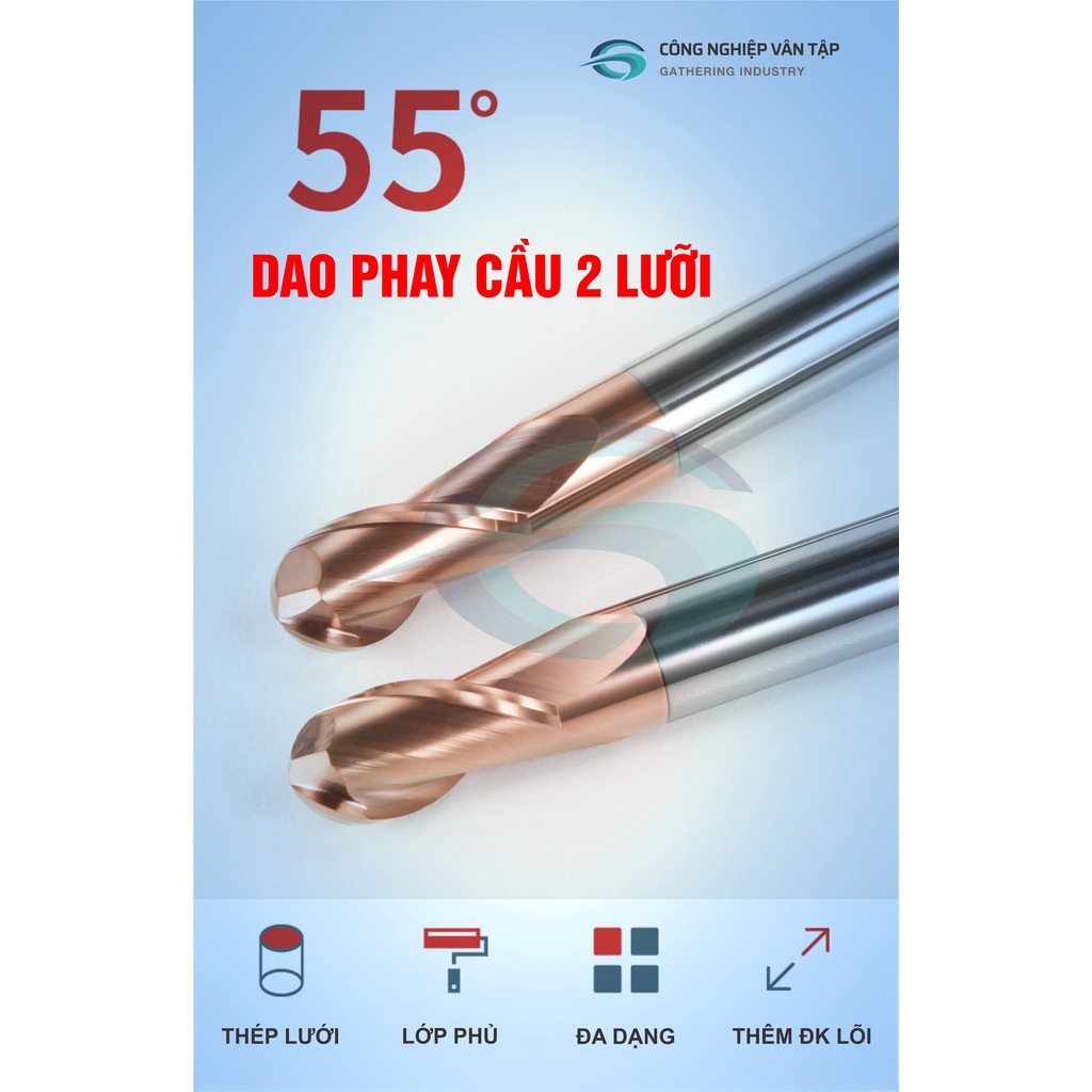 Dao phay cầu gia công Độ cứng 55HRC, lớp phủ nano đồng