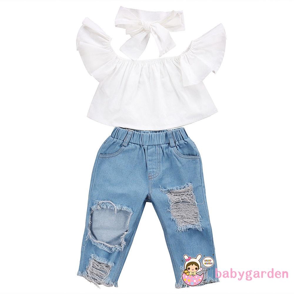 Set Áo Trễ Vai + Quần Jeans Dài Dễ Thương Cho Bé Gái