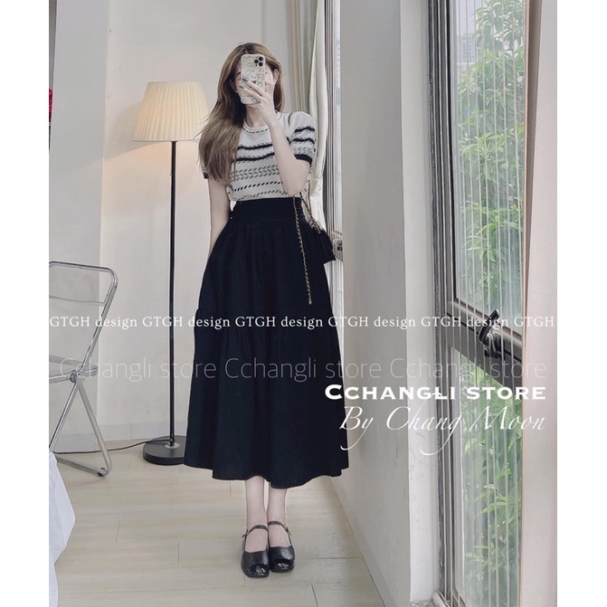 Sét áo len hoa tiết và chân váy chun sau bản to Mao Mao Boutique