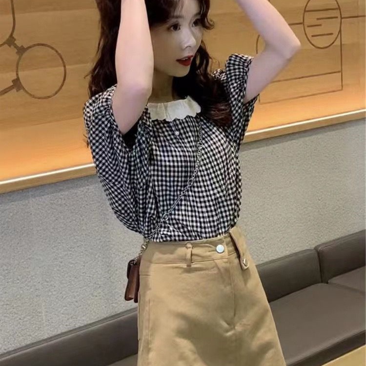 SUXI Áo Sơ Mi Caro Cổ Tròn Dáng Rộng Phong Cách Hàn Quốc Thời Trang Mùa Hè Cho Nữ